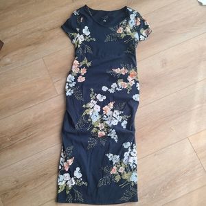 SM Navy Maternity Midi Floral Dress EUC short sleeves